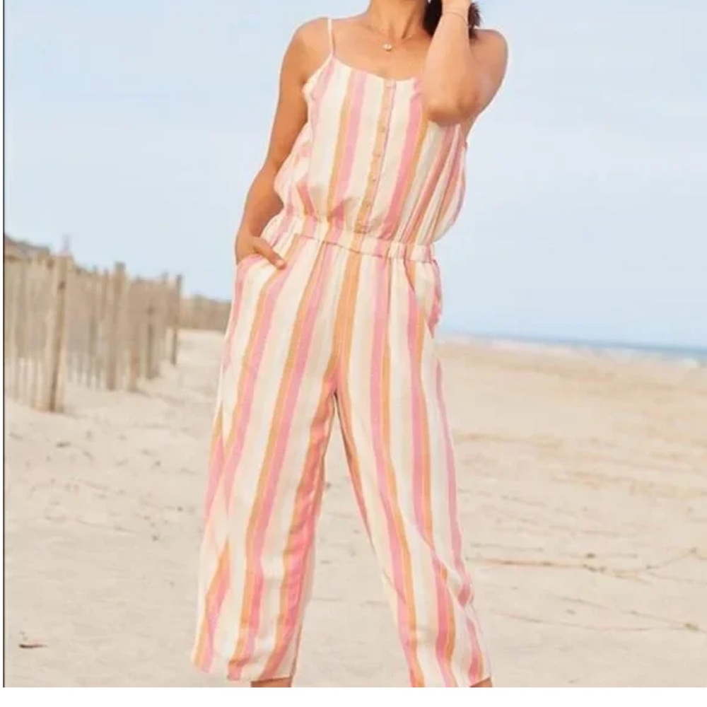 Matilda Jane Take A Chance Romper striped cropped pink white orange pockets S